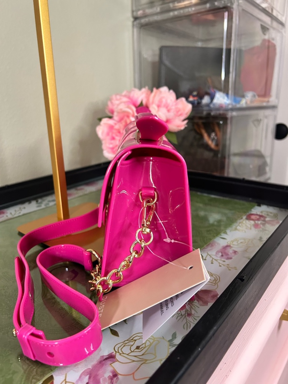 Hot Pink Women’s Jelly Bag- Top Handle and Adjustable Crossbody Shoulder Strap - Picture 11 of 11